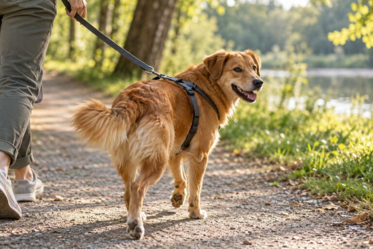 Hund mit Geschirr an der Leine auf einem Waldweg