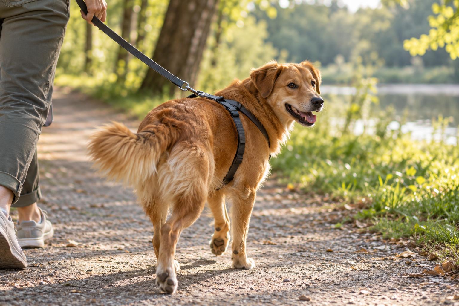 Hund mit Geschirr an der Leine auf einem Waldweg